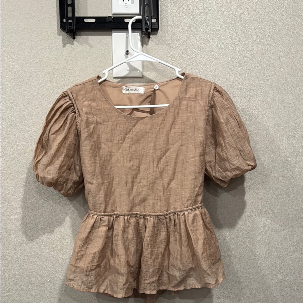 Elegant Sand Blouse with Puff Sleeves and Peplum Hem